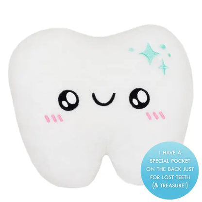 Plush tooth-shaped pillow with cartoon face and text on a white background